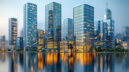 Obraz premium Cityscape Reflection, Illuminated Skyscrapers at Dusk