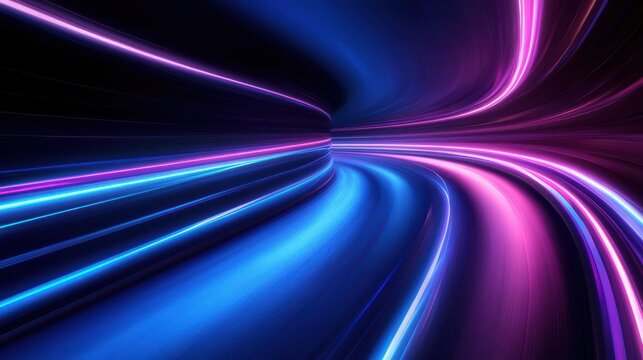Futuristic neon light trails in vibrant blue and pink curves