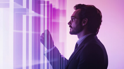 Business professional analyzing data visualizations modern office digital graphics dynamic environment side view data-driven insights