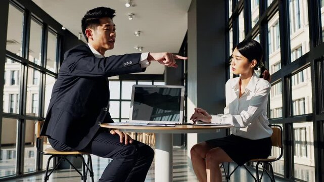Disagreement: A contentious business meeting with an employee and supervisor locked in dispute, showcasing the intensity of workplace conflict and communication challenges.