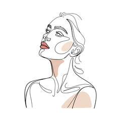 Artistic Woman Portrait with Color Highlights. A modern line drawing of a woman with expressive red lips and beige skin highlights. A fusion of minimalism and fashion-forward art.