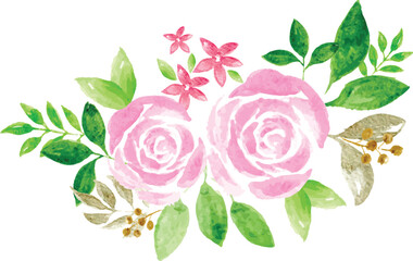 Bouquet of pink roses, Beautiful bouquet of flowers and leave for decoration in water colors style perfect to  wedding invitations, greeting cards, logos, branding, packaging, social media