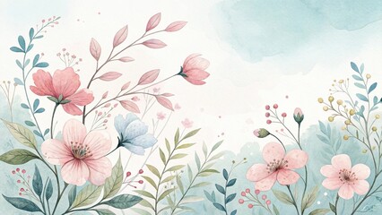 Watercolor Floral Arrangement in Delicate Pink and Blue Hues with Soft Background