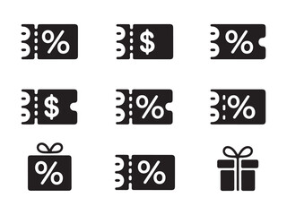 Set of Black and White Discount Coupon Icons with Gift Boxes on white background