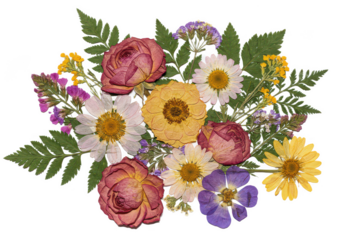 Dried pressed flowers bouquet isolated on transparent background