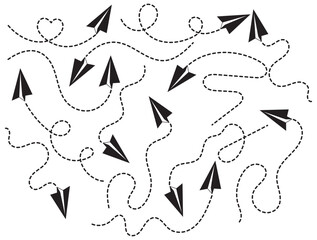 Paper Plane Path Icons – Dotted Line Flying Paper Airplane Vectors