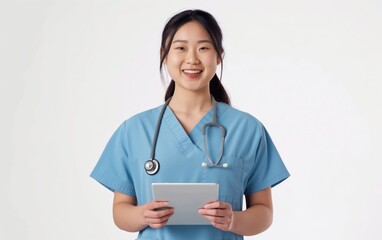 Female nurse smiling and holding tablet during Healthcare Quality Week. Patient care and communication concept.  

