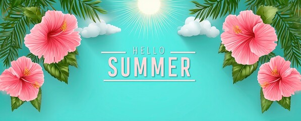 Hello summer greeting with tropical hibiscus flowers and sunlight