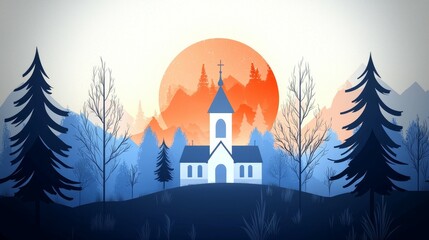 A serene church landscape with mountains and a sunset backdrop.