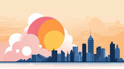 Stylized city skyline with vibrant sunset colors and abstract clouds.