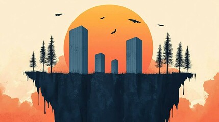 Surreal cityscape with skyscrapers and sunset backdrop.