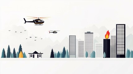 Stylized cityscape with helicopters and mountains in the background.