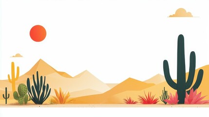 Desert landscape with cacti and a bright sun in a minimalist style.