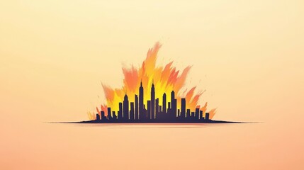 City skyline with fiery explosion and sunset background.