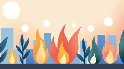 Abstract cityscape with colorful flames and stylized plants.