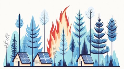 Illustration of trees and houses with a stylized fire scene.