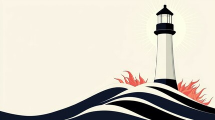 Lighthouse guiding through stylized waves and fire elements.