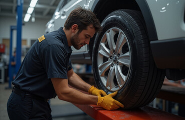 Auto Mechanic Working Wheel Car Service