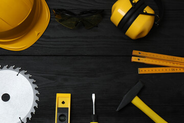 Set of tools for repair. Hammer pliers screwdriver angle pliers adjustable wrench. Many tools 