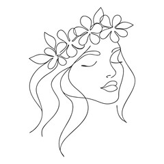 Serene woman with flower crown line art illustration