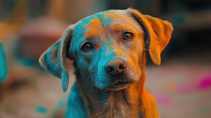 Sad and Scared Dog Trying to Escape From Colorful Holi Celebration