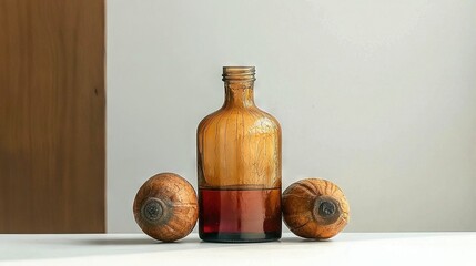   A brown bottle sits on the table with small wooden snails nearby