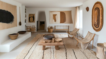 Fototapeta premium Scandinavian Boho Living Room with Layered Rugs and Woven Baskets