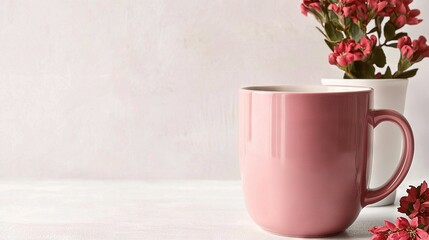   Pink coffee mug beside white vase with red flowers on one side, white vase with red flowers on the other