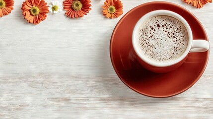   Cuppa Cappuccino on White Wood Surface with Orange & White Flowers