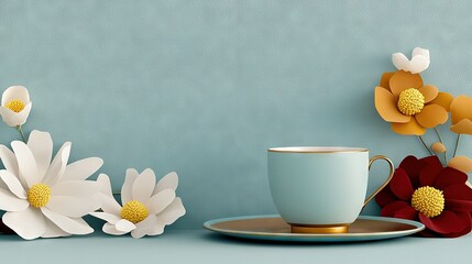   A cup sits atop a saucer, and the saucer rests atop a larger saucer The plate below is adorned with delicate flowers