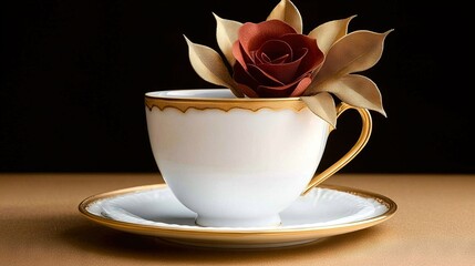   Gold-rimmed white cup cradles a vibrant red rose atop a saucer