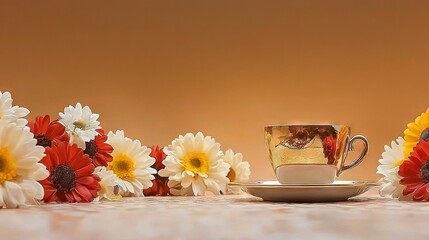   A cup and saucer atop a saucer, surrounded by daisies