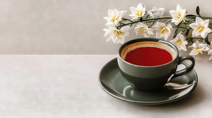   A cup of coffee placed on a saucer beside a bouquet of flowers