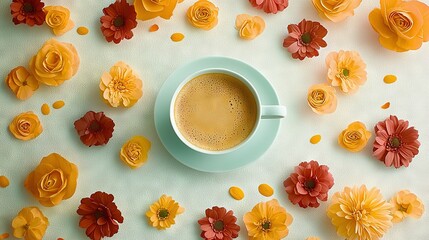   A cup of coffee sits on a white tablecloth with yellow and red flowers surrounding it