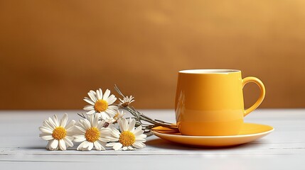   A yellow coffee cup sits atop a saucer beside a plate adorned with daisies