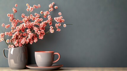   A few cups rest on a wooden table beside a flower-filled vase