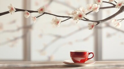   Red cup sits on saucer with cherry blossoms tree nearby