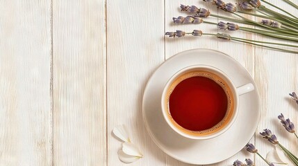   A tea cup rests on a wooden table near a bouquet of lavender flowers