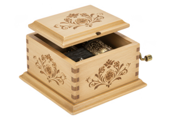 Wooden music box with floral carvings isolated on transparent background