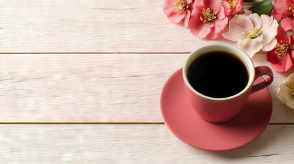   A cup of coffee sits atop a pink saucer beside a bouquet of flowers on a white wooden table
