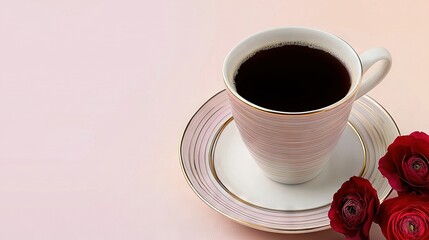   A close-up of a cup of coffee on a saucer and roses on a pink background