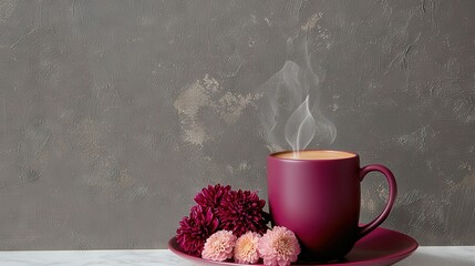  A cup of coffee resting atop a saucer, surrounded by an array of vibrant blossoms on a pristine white tabletop