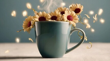   A coffee cup adorned with sunflowers and emitting smoke from its top