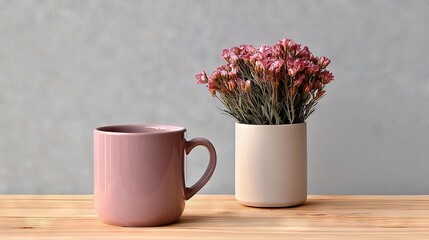   A pair of mugs sits atop a wooden table beside a vase containing blooming flowers