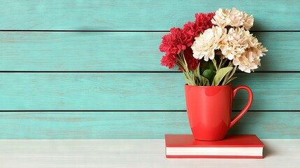   A red mug sits atop a wooden table, holding flowers Nearby is a stack of books on another wooden table