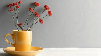   A yellow coffee cup adorned with red flowers sits on a saucer beside a plate on a pristine white table