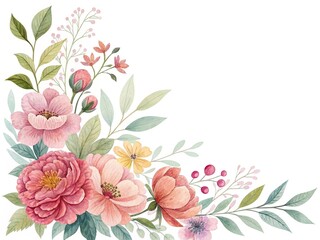 Fototapeta premium Watercolor floral corner arrangement with pink peonies and delicate leaves, soft colors