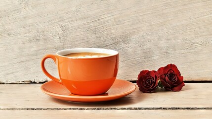  A cup of coffee rests atop a saucer beside a red rose on a white wooden table