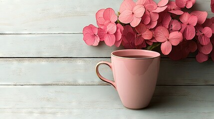   A Pink Coffee Cup sits adjacent to a cluster of Pink Flowers atop a White Wooden Planked Wall