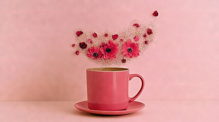  Pink coffee set with heart-shaped flowers on a light pink backdrop